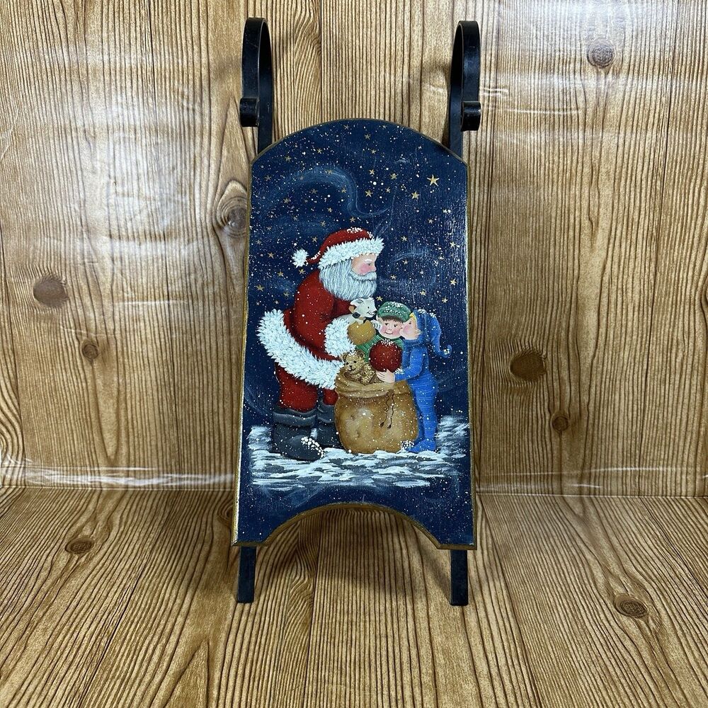 Hand Painted Santa Wooden Sled Wall Hanging‎ Decor Vintage MLS 1997 Folk Art